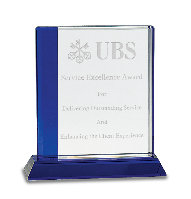 Premier Blue Pedestal Crystal Rectangle Award (Award: 7" Blue Pedestal Crystal Rectangle Award)