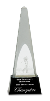 Clear Crystal 3D Golf Spire on Black Pedestal Base (Trophy: 10 1/4" Golf Crystal Obelisk w/3D golfer)