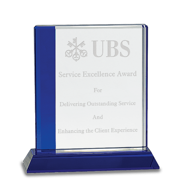 Premier Blue Pedestal Crystal Rectangle Award (Award: 7" Blue Pedestal Crystal Rectangle Award)