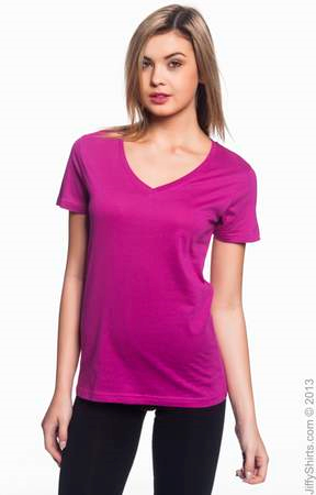 Sheer Fashion Fit V-Neck Women's  T-Shirt - 3.2 oz.  392A. (Color: Raspberry, Size: Large)
