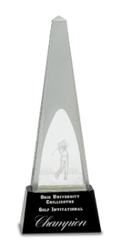 Clear Crystal 3D Golf Spire on Black Pedestal Base (Trophy: 10 1/4" Golf Crystal Obelisk w/3D golfer)