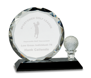 Premier Golf Crystal Circle Plaque w/ Ball on Tee (Trophy: 5 1/2" Golf Crystal Circle Plaque w/Tee)