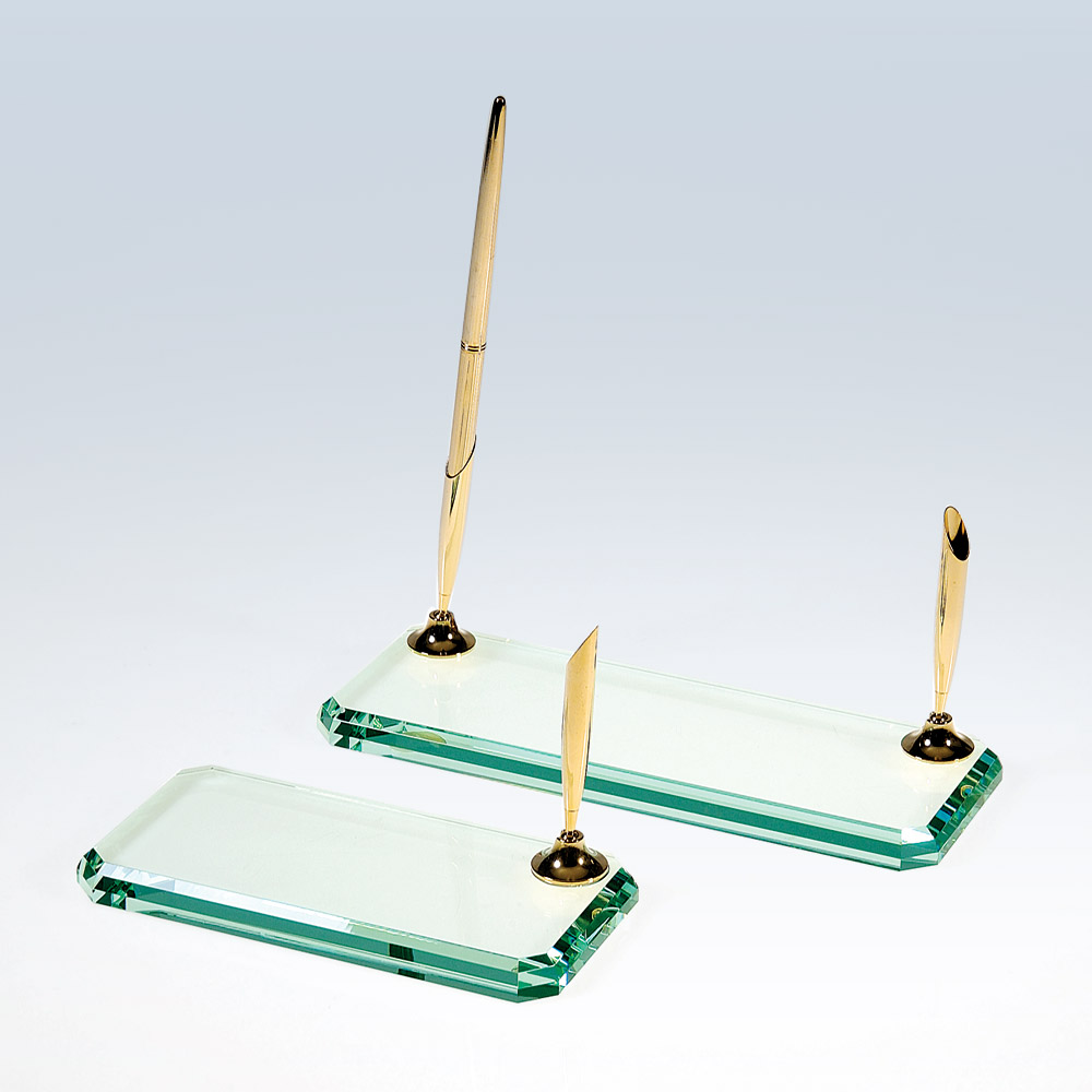Beveled Edge Pen Set-Jade Glass (Gold) (Desk Sets: Single Pen Holder 6x3)