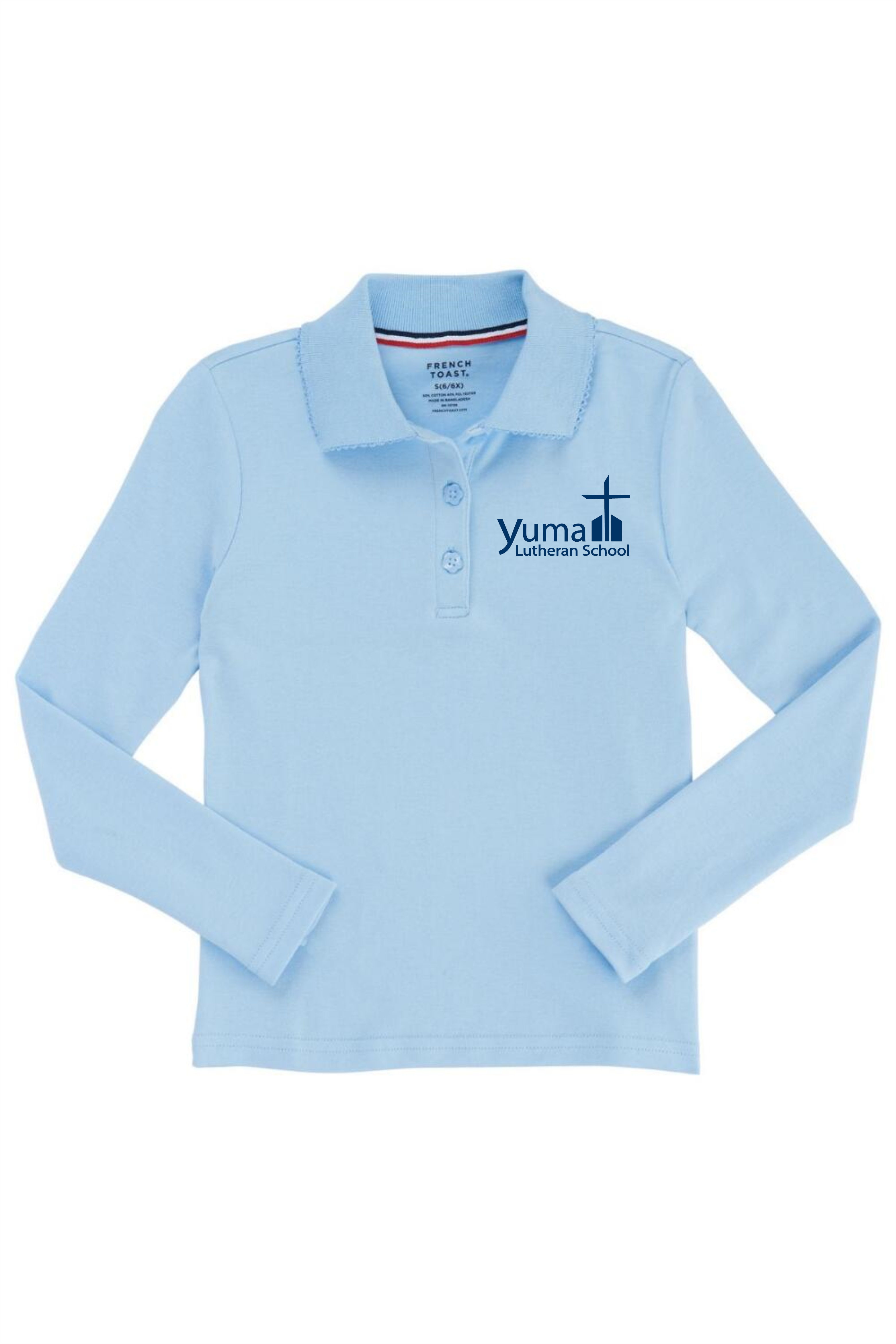 French Toast Girl's Long Sleeve Interlock Knit Polo with Picot Collar (Feminine Fit) (Polo Size: 4T, French Toast Polo Color: Lt Blue - YLS)