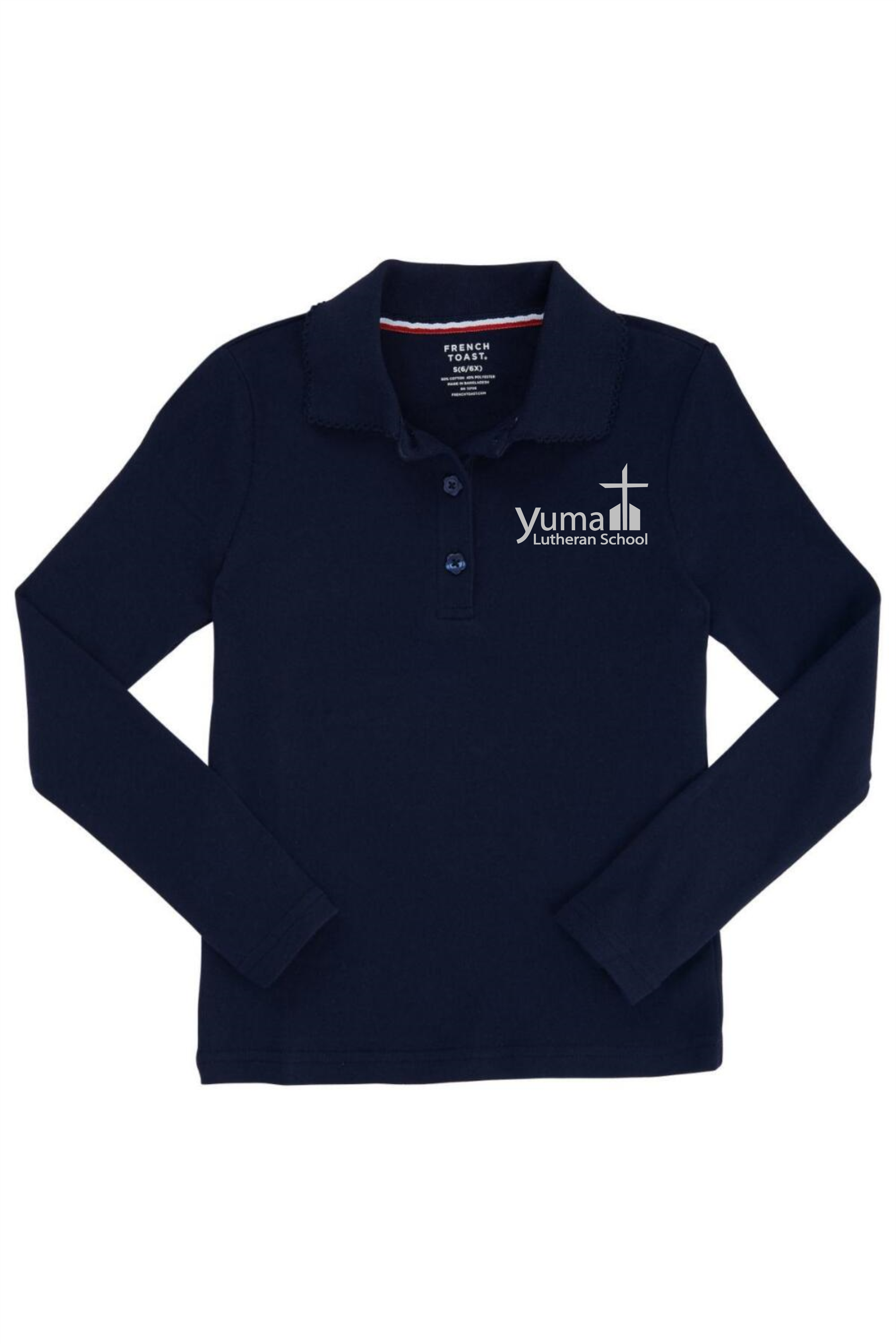 French Toast Girl's Long Sleeve Interlock Knit Polo with Picot Collar (Feminine Fit) (Polo Size: XS - 4/5, French Toast Polo Color: Navy - YLS)