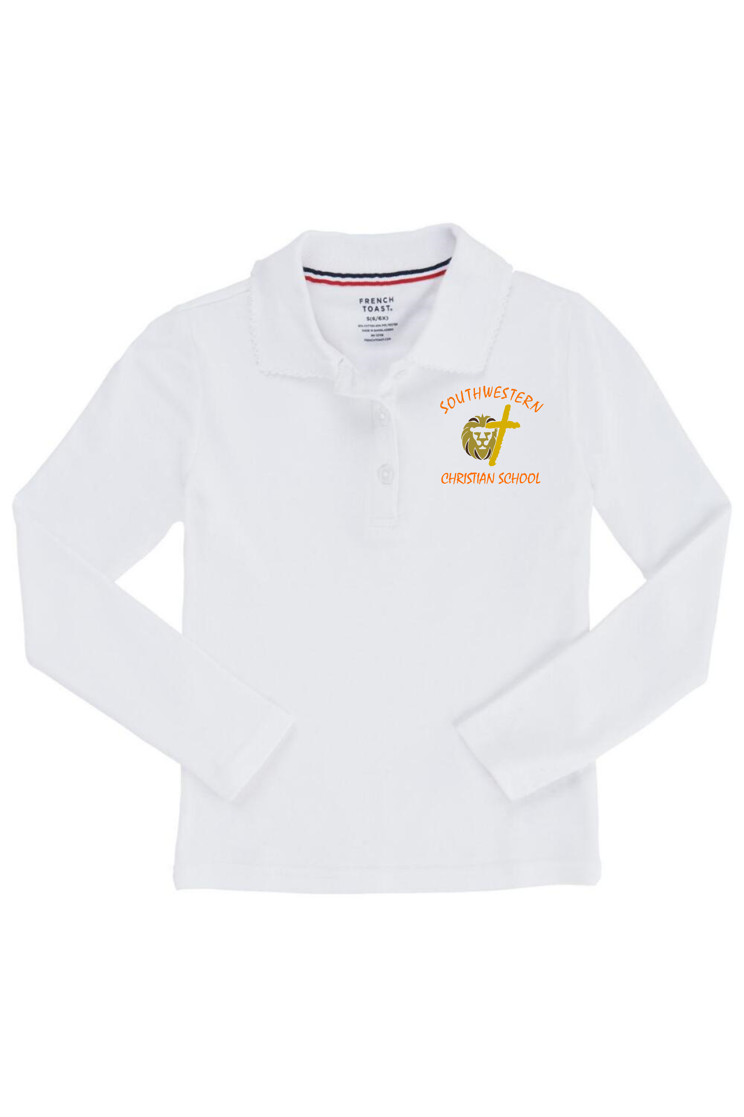 French Toast Long Sleeve Interlock Knit Polo with Picot Collar (Feminine Fit) (Polo Size: XS - 4/5, French Toast Polo Color: White - SWCS)
